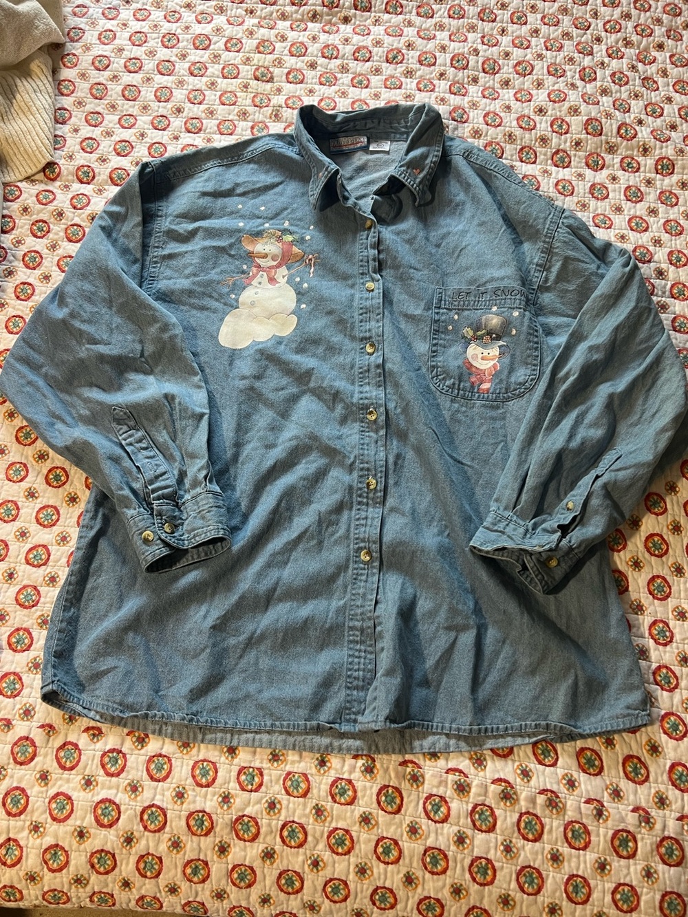 Vintage 90s Snowman Denim Button Down Long Sleeve size XXL